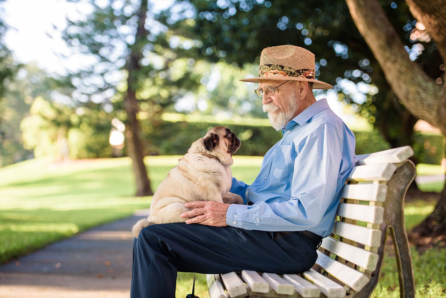 Senior man with dog on a bench outside