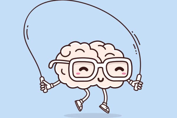 A cartoon brain struggling with memory loss plays with a skipping rope.