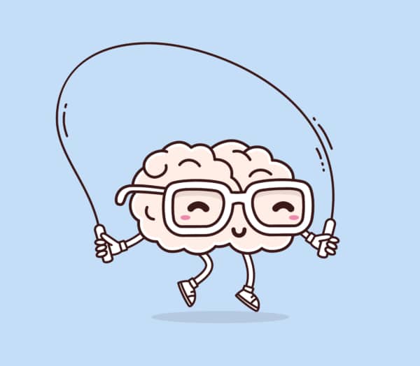 A cartoon brain struggling with memory loss plays with a skipping rope.