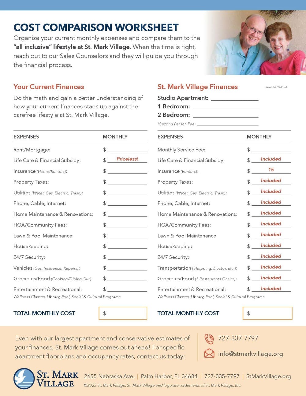 A flyer for a Senior Living Cost Comparison Worksheet.