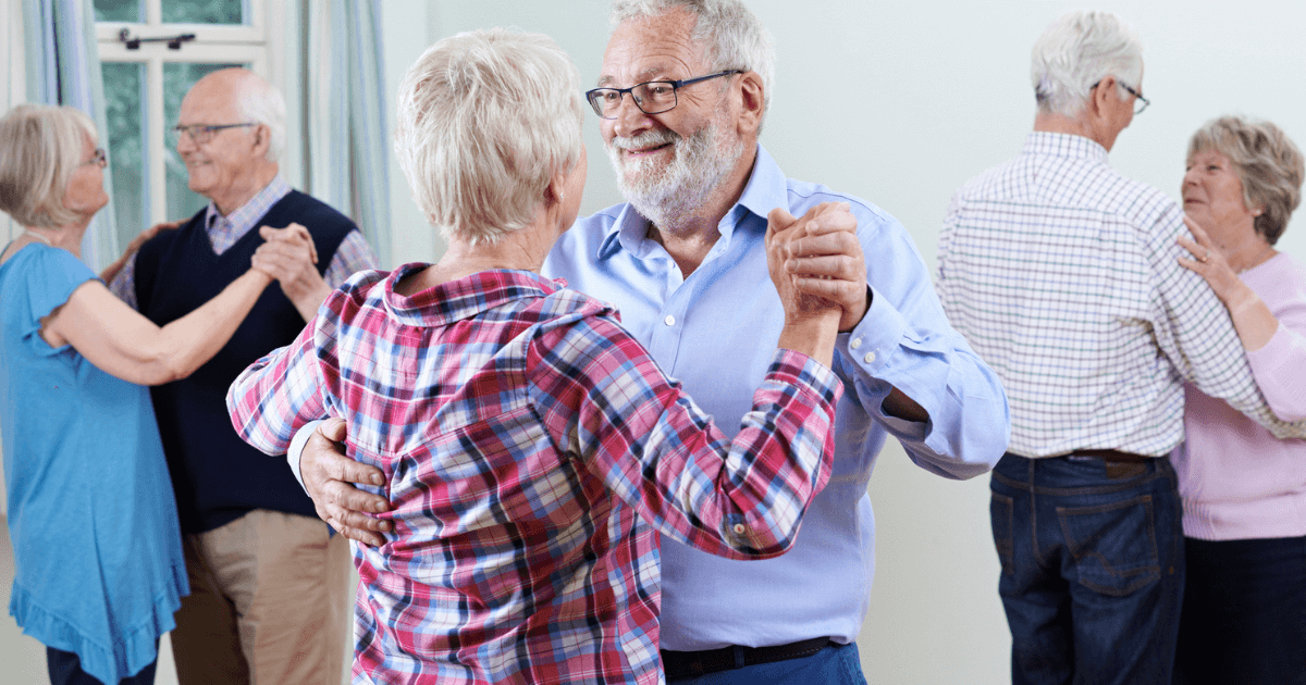 Three older adult couples dancing