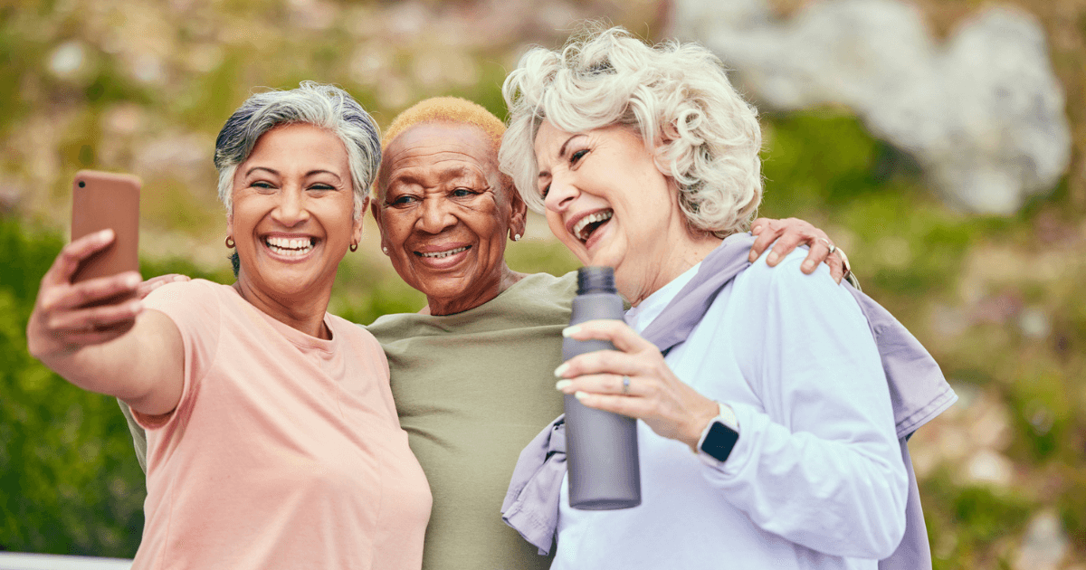 Three senior woman taking a selfie enjoying senior living communities.