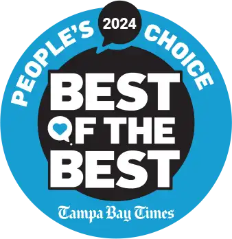 A blue circular badge reads “People’s Choice 2024 Best of the Best” with “Tampa Bay Times” at the bottom, highlighting St. Mark Village as a top senior living community.