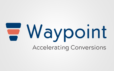 Waypoint logo with a blue and red funnel icon on the left, and the text "Waypoint Accelerating Conversions" on the right against a light background, highlighting solutions tailored for senior living communities like St. Mark Village.