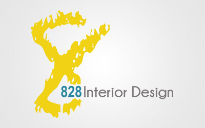 Logo with a large yellow abstract brushstroke form and the text "828 Interior Design" in teal and gray on a light background, reflecting stylish senior living spaces at St. Mark Village.