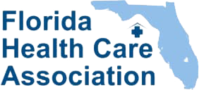 Florida Health Care Association logo with blue text and an outline of Florida featuring a cross and house symbol, representing senior living communities like St. Mark Village.