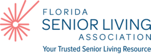 Logo of the Florida Senior Living Association featuring a pink abstract burst design and the text “Your Trusted Senior Living Resource,” representing excellence in senior living resources like St. Mark Village.