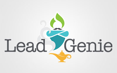 Logo with the text "Lead Genie," featuring a stylized genie with a mustache above a gold oil lamp, designed for St. Mark Village and perfect for senior living communities.
