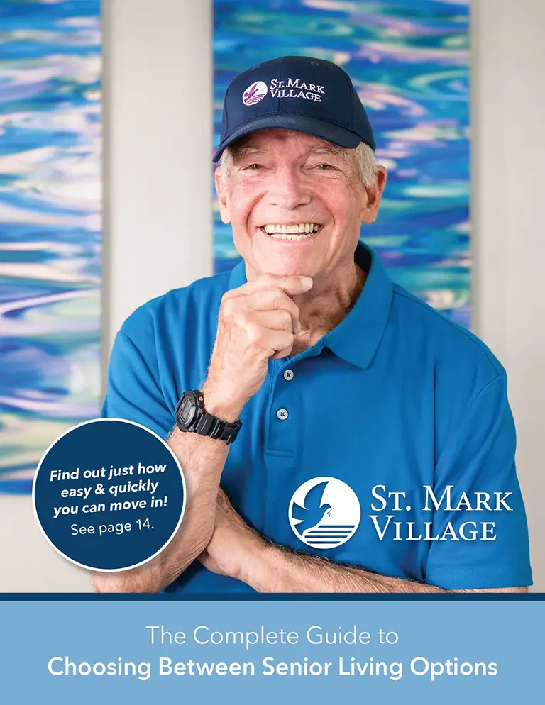 Smiling older man in a blue polo shirt and St. Mark Village cap stands before abstract art with text promoting a guide to choosing the best senior living options.