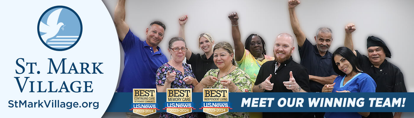 A diverse group of people smiling and raising their arms in celebration, showcasing St. Mark Village senior living branding alongside three "Best" award badges.