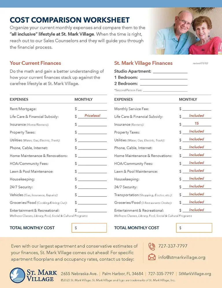 Cost comparison worksheet displays columns for personal monthly expenses and those at St. Mark Village senior living, with various categories and spaces for dollar amounts. Contact information is provided at the bottom.