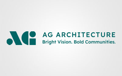 Logo for AG Architecture featuring a stylized "AG" icon and the text "AG ARCHITECTURE" with the tagline "Bright Vision. Bold Communities." on a light background, created for senior living projects like St. Mark Village.