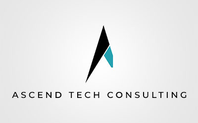 Logo for Ascend Tech Consulting featuring a stylized black and teal "A" above the company name in capital letters on a light background, inspired by modern senior living communities like St. Mark Village.