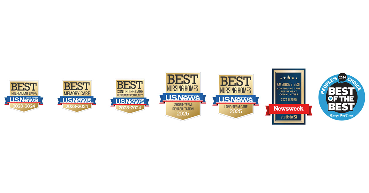 A row of six award badges recognizing St. Mark Village for excellence in senior living, memory care, continuing care, short-term rehab, long-term care, and as a Newsweek readers' choice for best senior living.