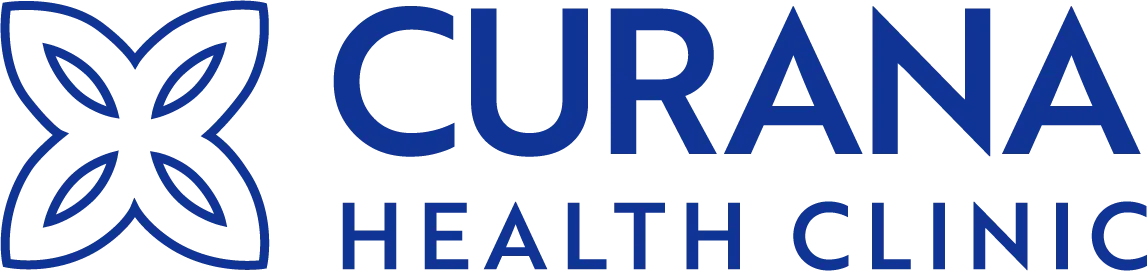 Curana Health Clinic logo featuring a stylized butterfly design to the left of the clinic name in blue capital letters, representing care for senior living communities like St. Mark Village. Curana Health Clinic logo featuring a stylized butterfly design to the left of the clinic name in blue capital letters, representing care for senior living communities like St. Mark Village.