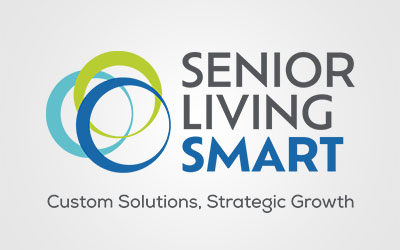 Logo for Senior Living Smart, designed for senior living communities like St. Mark Village, featuring overlapping blue and green circle graphics and the tagline "Custom Solutions, Strategic Growth" on a light background.