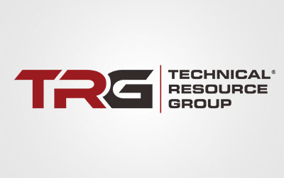 Logo for Technical Resource Group with the initials "TRG" in bold red and black letters, followed by the company name in black text on a light gray background, designed for senior living environments like St. Mark Village.